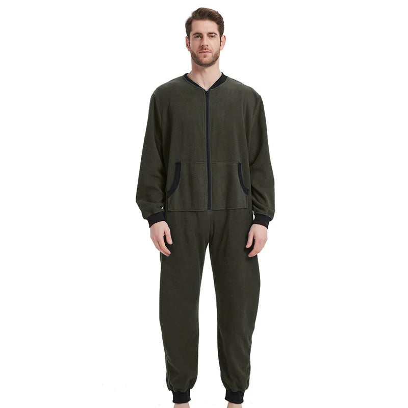Combinaison pyjama homme vert XXL tissu polyester tricoté texture côtelée poignets