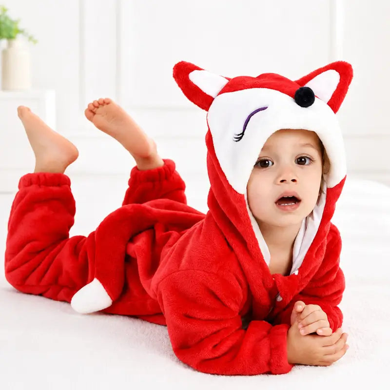 Grenouillère renard bébé en polaire flanelle rouge, vue a plat sur fond clair