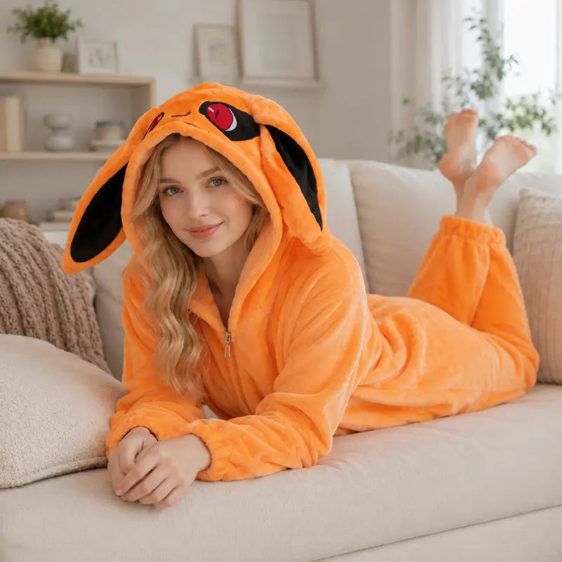 Kigurumi Kurama femme allongée pyjama combinaison polaire douce orange