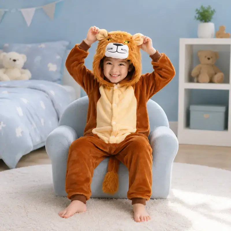 enfant dans un fauteuil dans sa chambre qui porte fièrement un kigurumi lion et qui tient les oreilles du lion qui se trouvent sur la capuche