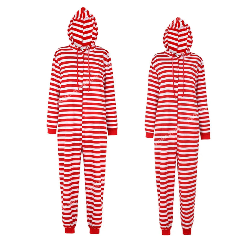 Grenouillère de Noël couple rayée rouge et blanc vue de face capuche relevée