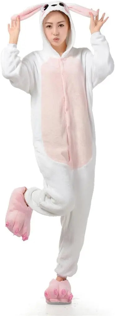 Grenouillère Lapin Blanc Femme — Combinaison Pyjama Polaire Rose et Blanc