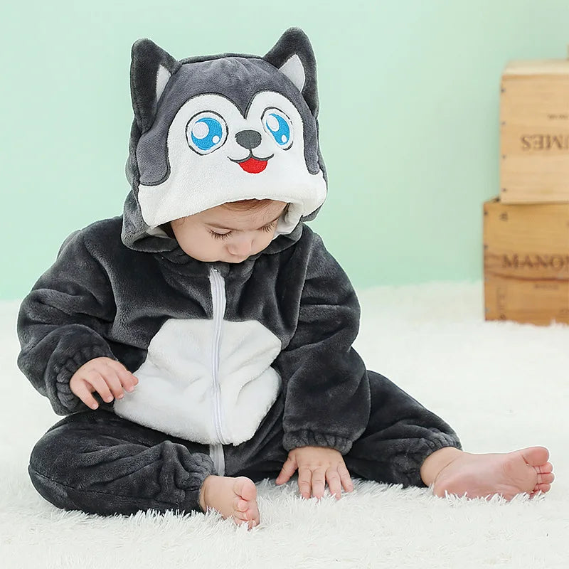 Grenouillère Bébé Husky — Combinaison Pyjama Polaire Grise et Blanche