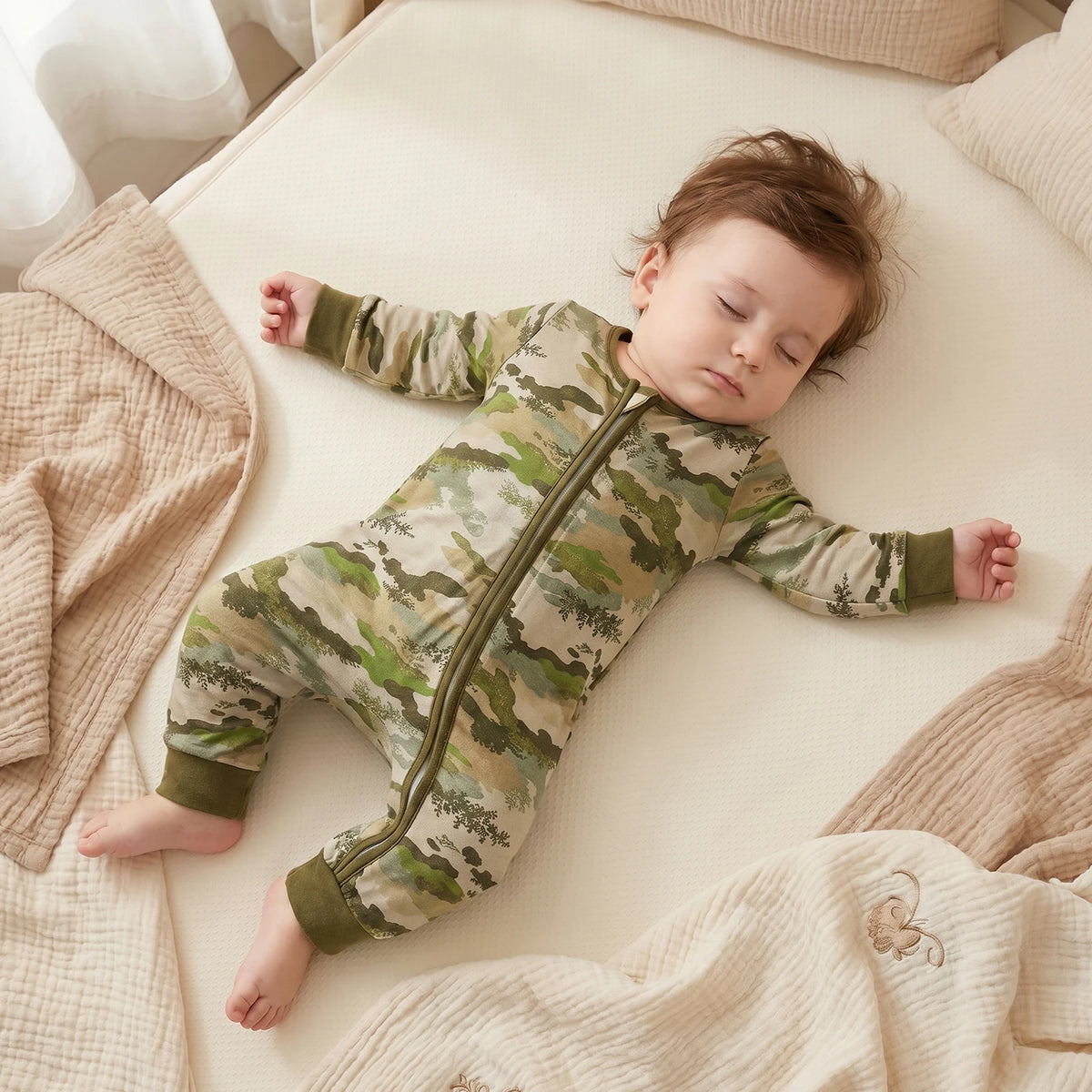Combinaison bébé motif camouflage vert militaire, détail du tissu coton