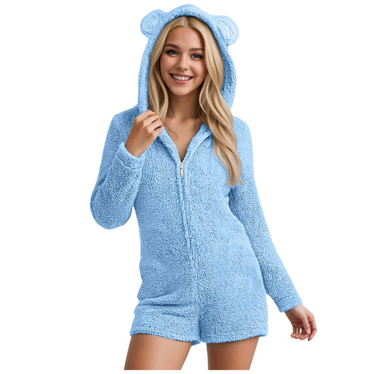 Grenouillère Short Femme — Combinaison Courte Polaire à Capuche