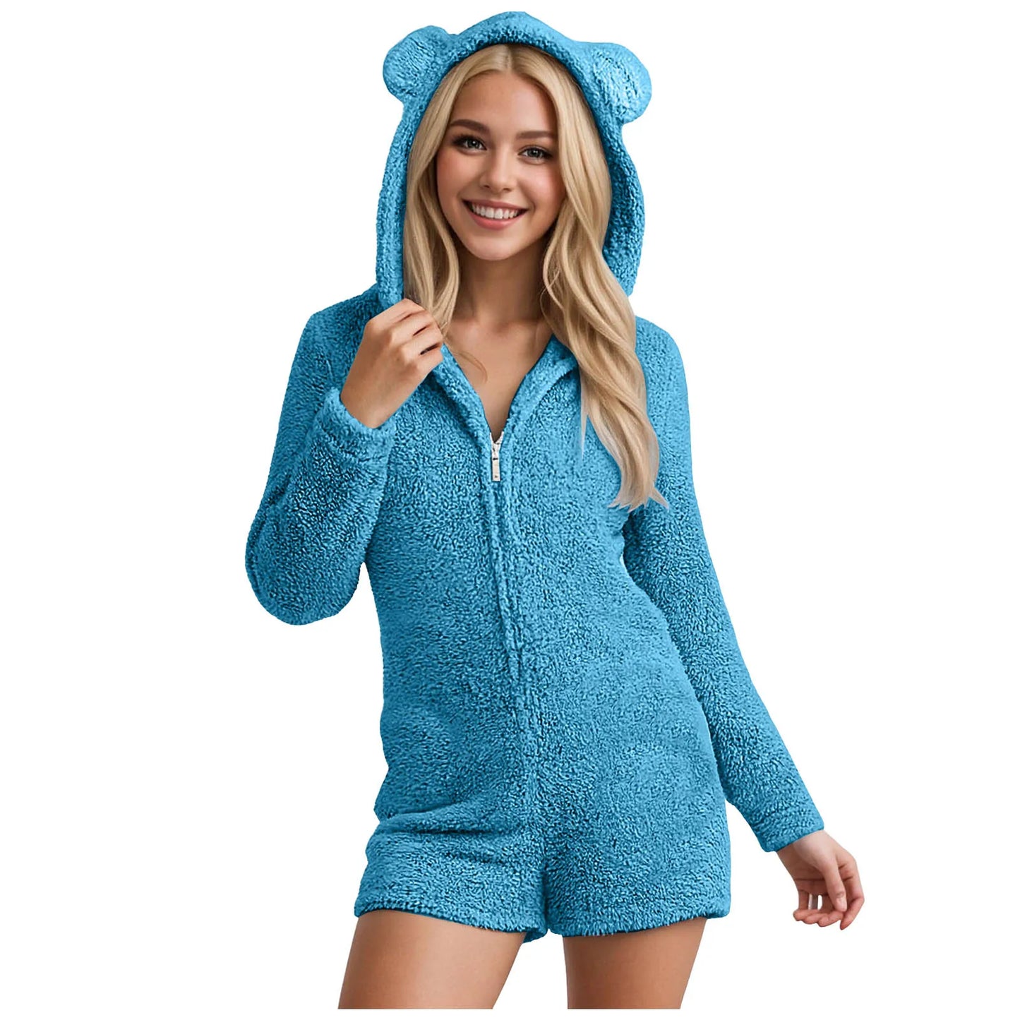 Grenouillère Short Femme — Combinaison Courte Polaire à Capuche