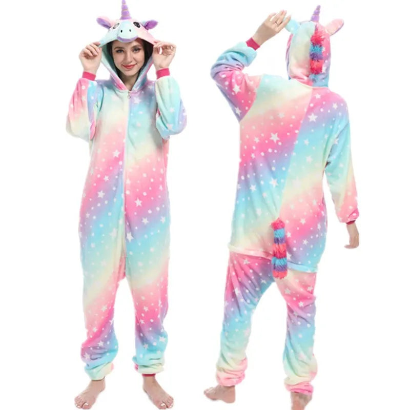 Pyjama licorne femme combinaison pastel étoilée capuche corne torsadée vue de face