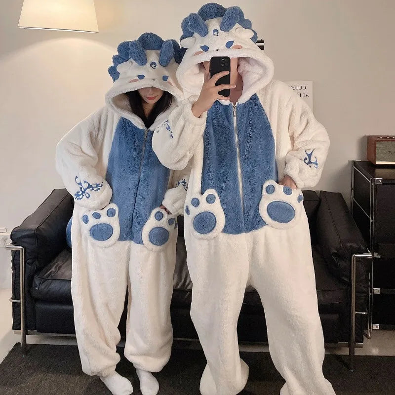 Grenouillère Couple Dragon — Combinaison Pyjama Assortie Polaire Sherpa
