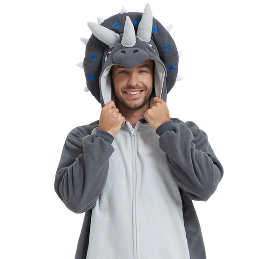Grenouillère Tricératops — Combinaison Pyjama Polaire Grise Adulte