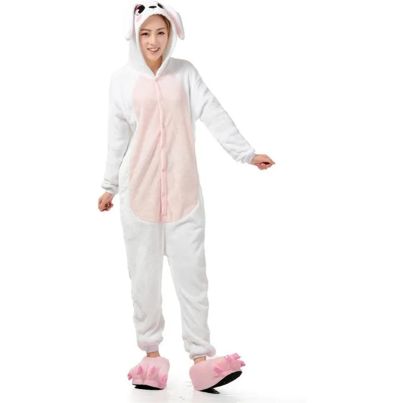 Grenouillère Lapin Blanc Femme — Combinaison Pyjama Polaire Rose et Blanc