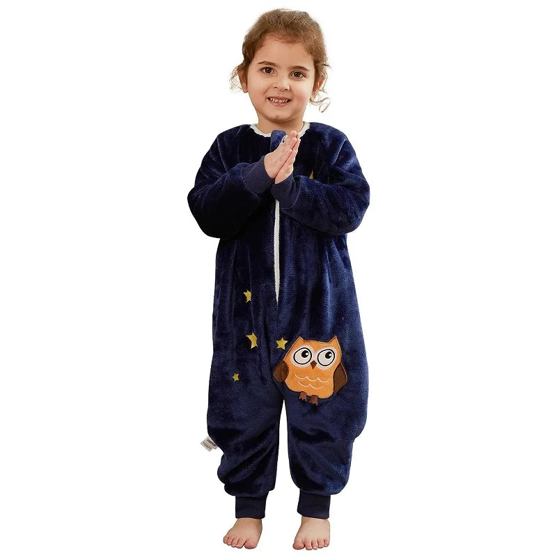 Grenouillere enfant hibou en flanelle polyester avec capuche a oreilles et zip integral