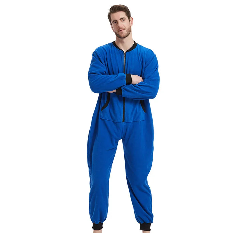 Pyjama combinaison homme une pièce bordeaux avec poches kangourou et fermeture éclair