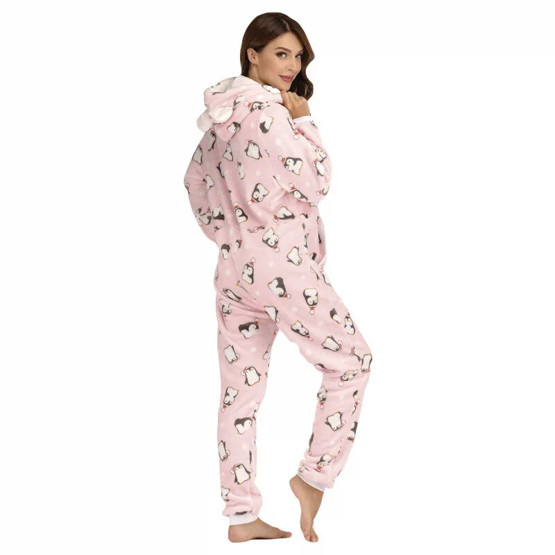 Grenouillère Pingouin Femme — Combinaison Pyjama Polaire Rose
