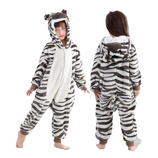 Kigurumi zèbre enfant en polyester flanelle doux avec capuche oreilles et crinière, vue de face
