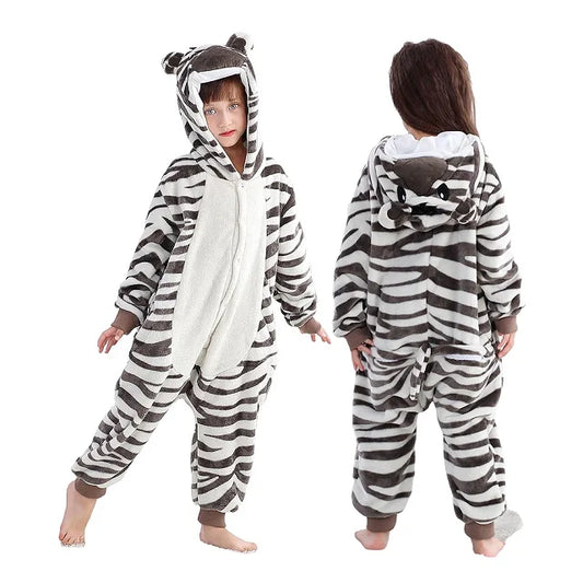 Kigurumi zèbre enfant en polyester flanelle doux avec capuche oreilles et crinière, vue de face