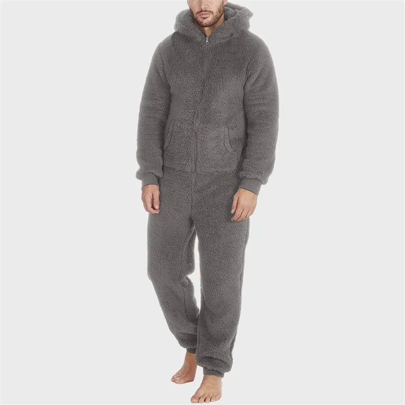 Pyjama grenouillère homme gris à capuche polaire zippée vue de face