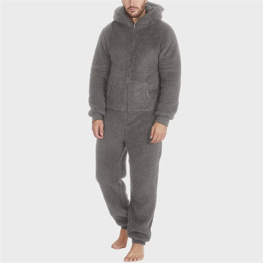 Pyjama grenouillère homme gris à capuche polaire zippée vue de face