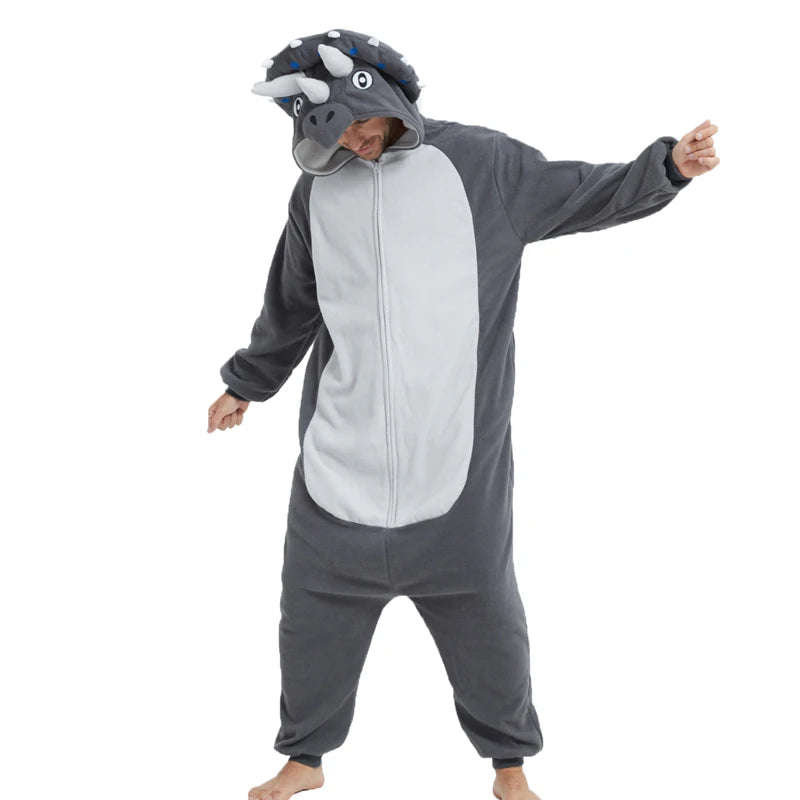 Grenouillère Tricératops — Combinaison Pyjama Polaire Grise Adulte