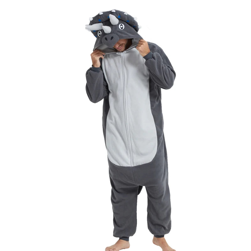 Grenouillère Tricératops — Combinaison Pyjama Polaire Grise Adulte