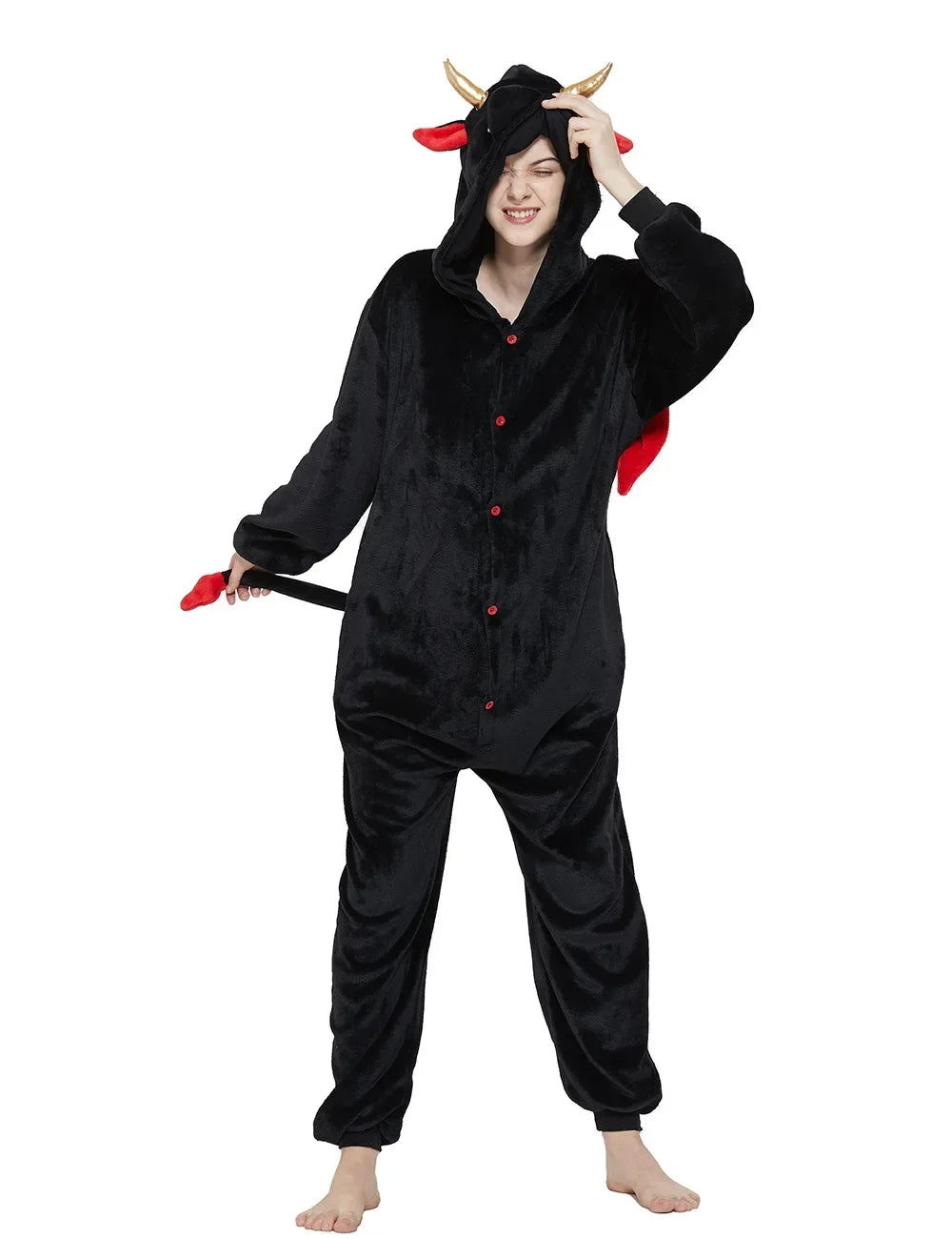 Kigurumi Diable Adulte — Combinaison Pyjama Polaire à Capuche Cornes
