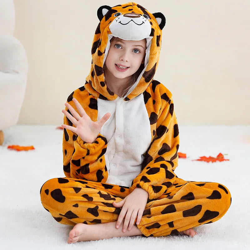 Kigurumi tigre enfant en polaire orange avec rayures noires et capuche oreilles 3D, vue complète