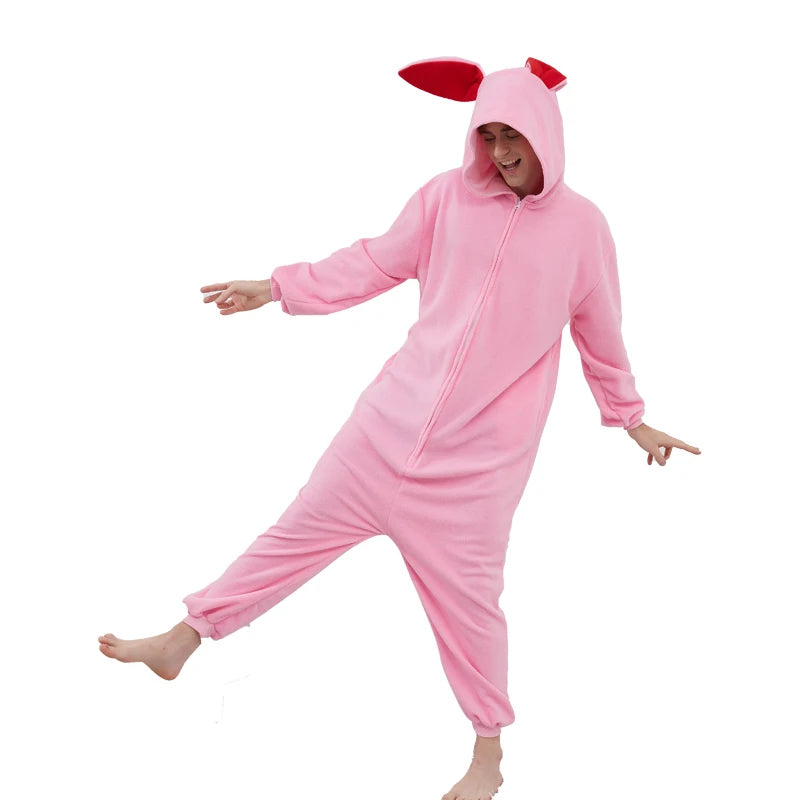 Grenouillère Rose Homme — Combinaison Pyjama Polaire à Oreilles de Lapin