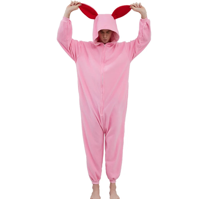 Grenouillère Rose Homme — Combinaison Pyjama Polaire à Oreilles de Lapin
