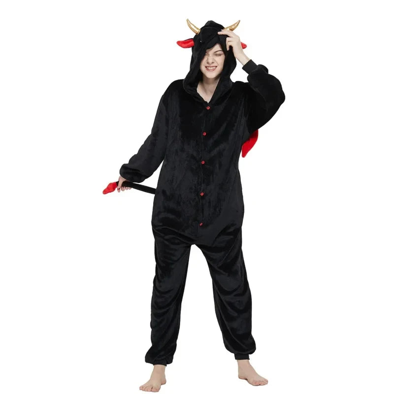 Kigurumi Diable Adulte — Combinaison Pyjama Polaire à Capuche Cornes