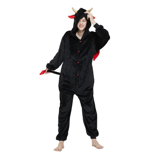 Kigurumi Diable Adulte — Combinaison Pyjama Polaire à Capuche Cornes