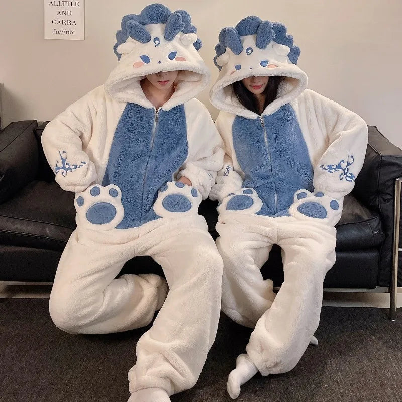 Grenouillère Couple Dragon — Combinaison Pyjama Assortie Polaire Sherpa