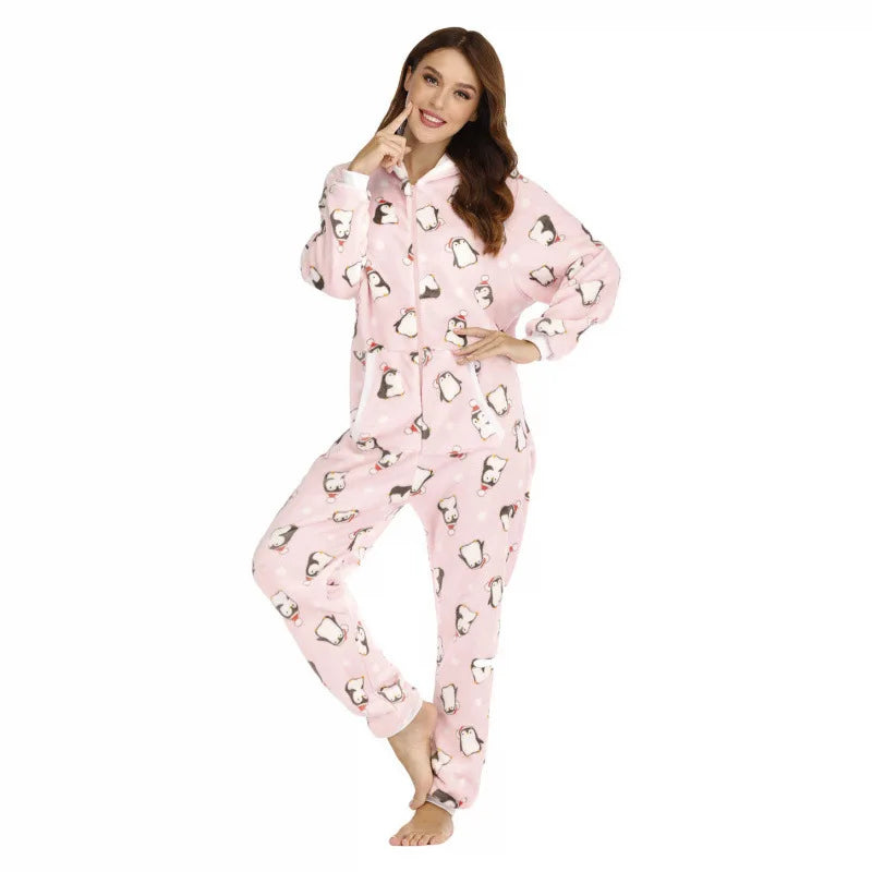 Grenouillère Pingouin Femme — Combinaison Pyjama Polaire Rose