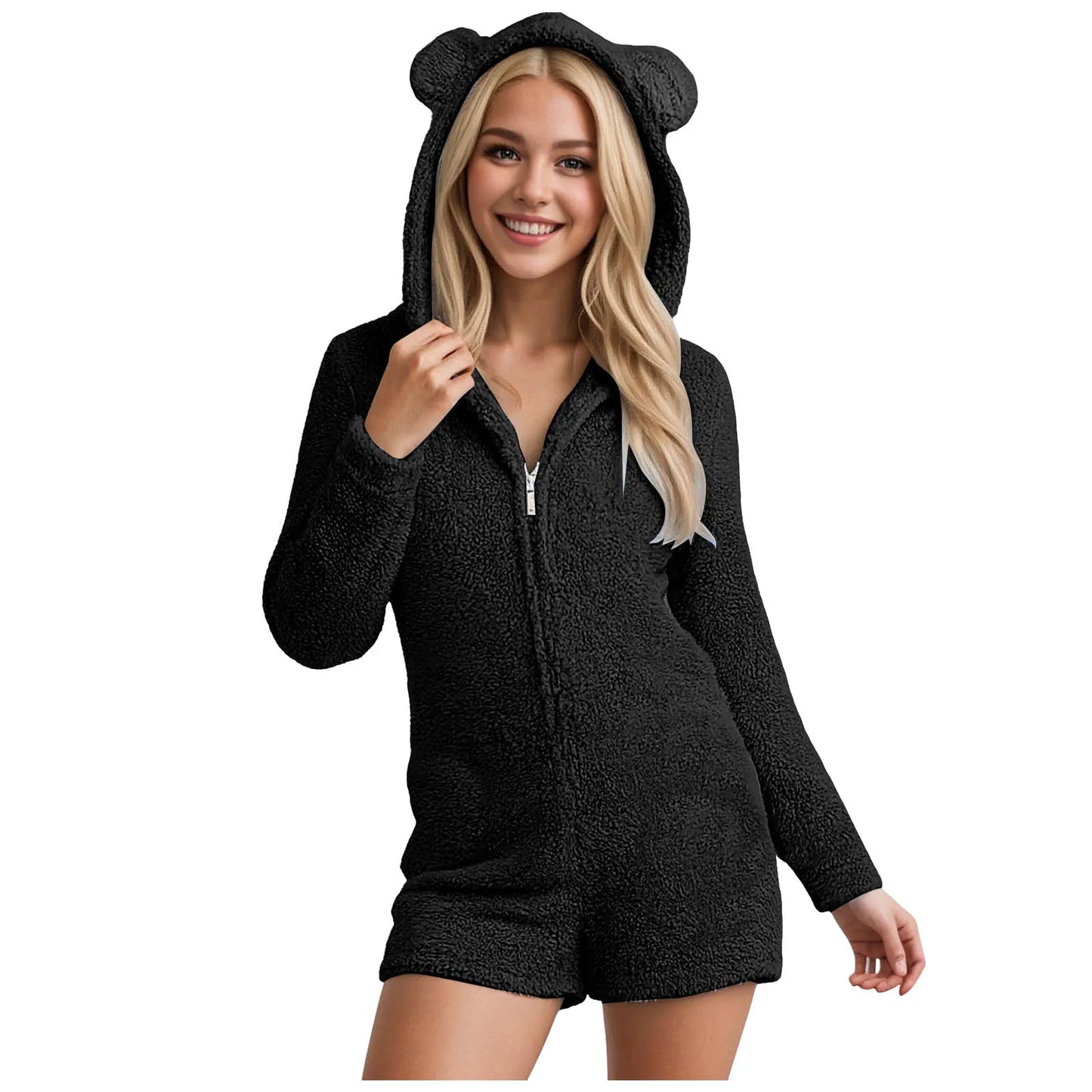 Grenouillère Short Femme — Combinaison Courte Polaire à Capuche