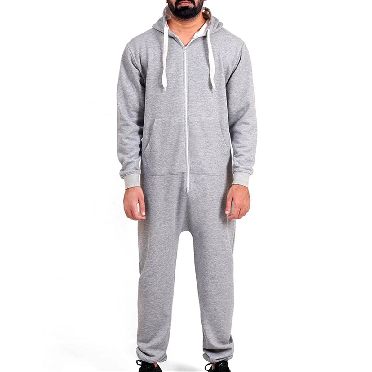 Combinaison pyjama homme gris à capuche et fermeture éclair vue de face