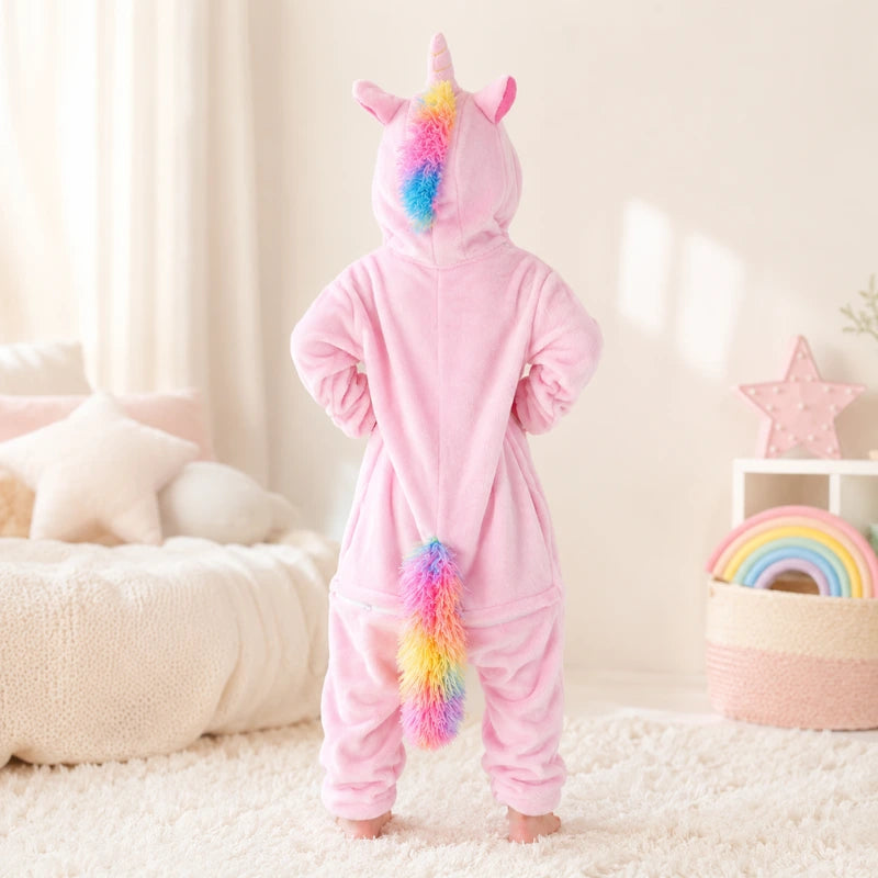 petite fille habillée de son kigurumi licorne vue de dos avec une queue aux couleurs de l'arc en ciel