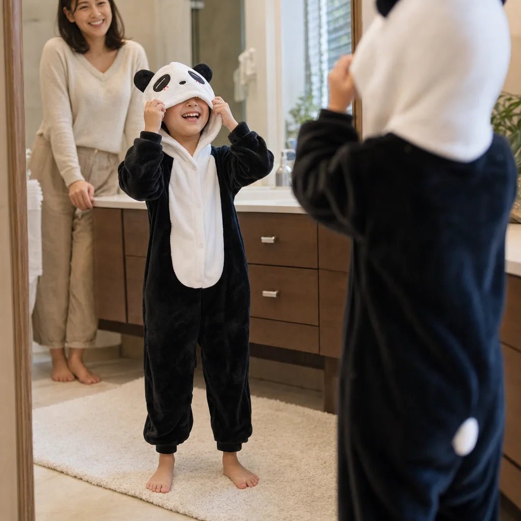 Grenouillère Enfant Panda — Combinaison Pyjama Polaire Noir et Blanc en situation
