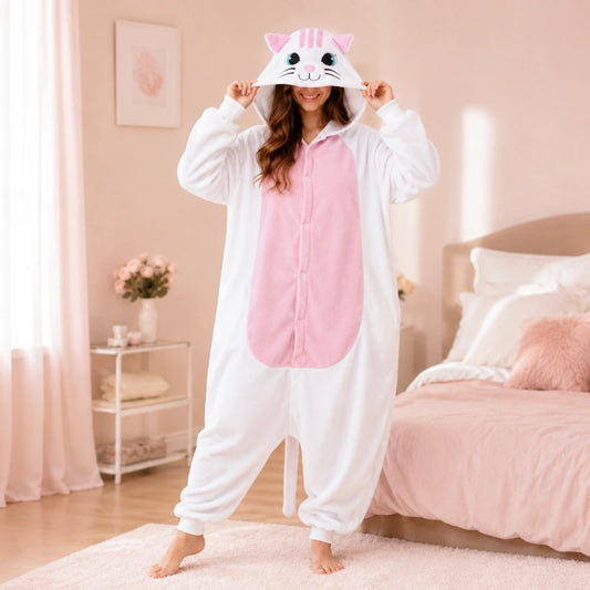 femme dans une chambre qui porte un kigurumi blanc et rose avec une tête de chat à capuche