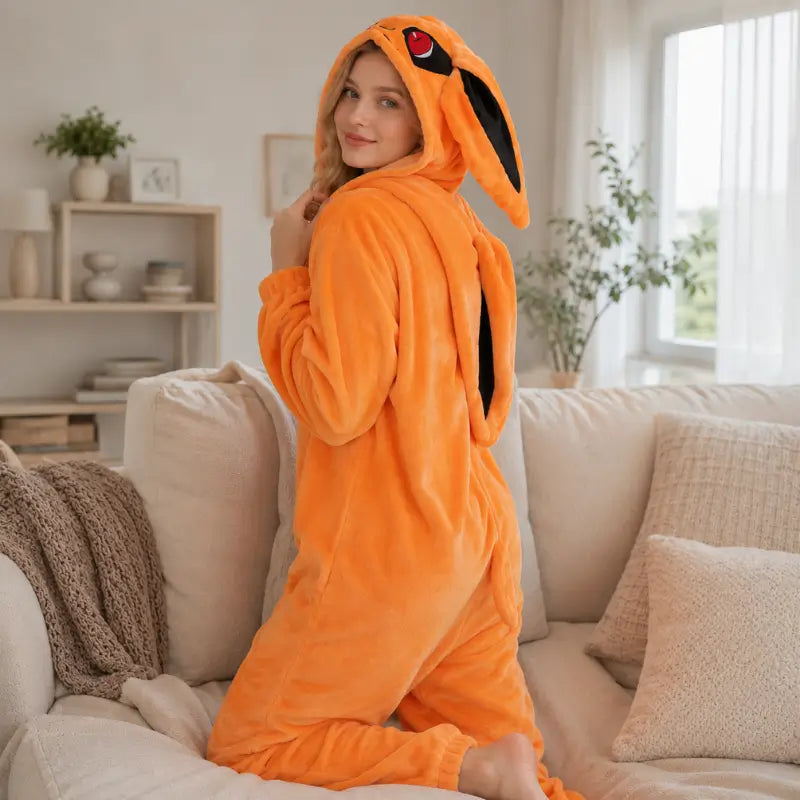 Kigurumi Kurama femme vue de dos capuche longues oreilles flanelle polaire orange