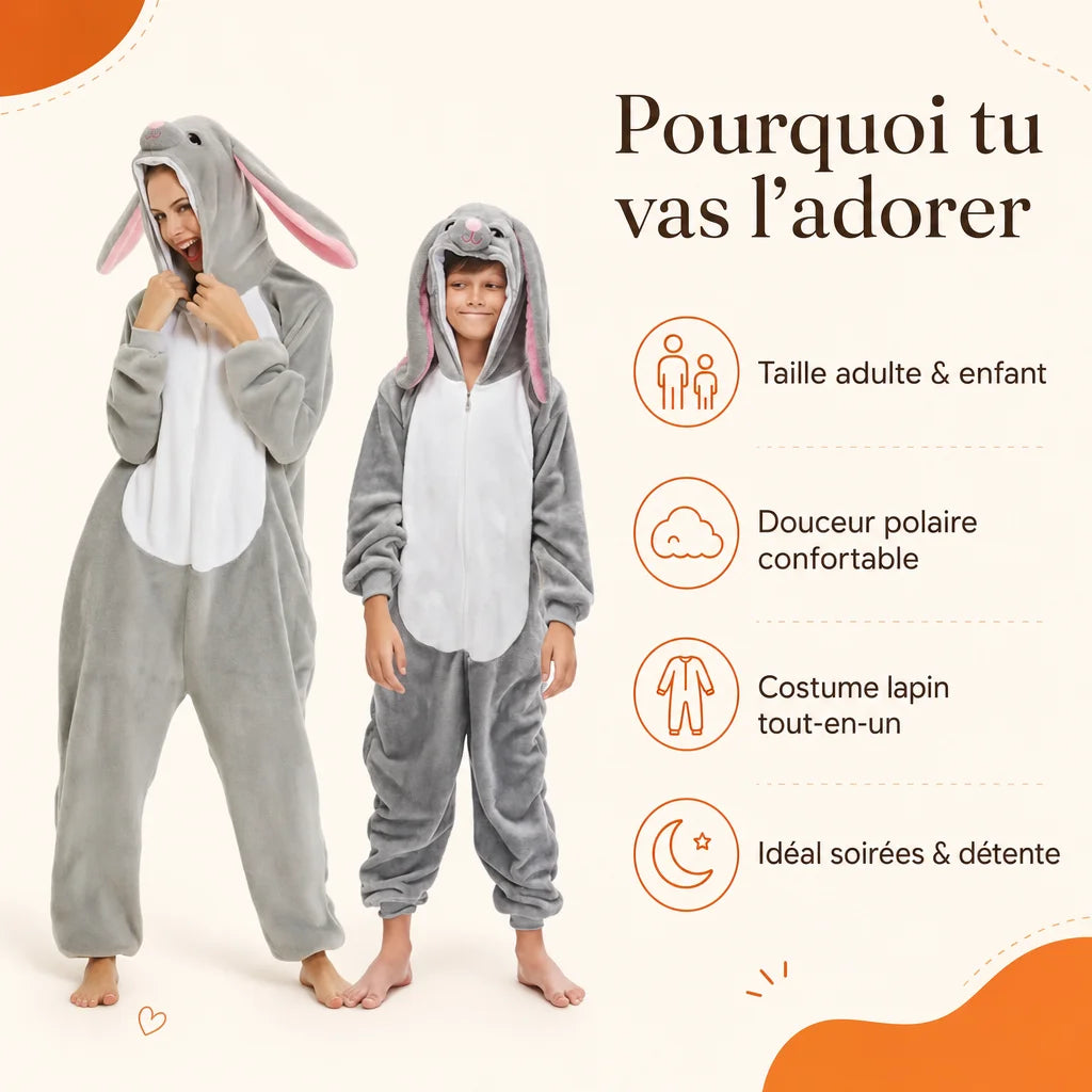 Kigurumi lapin enfant : polaire douce, boutons-pression et détails oreilles de lapin
