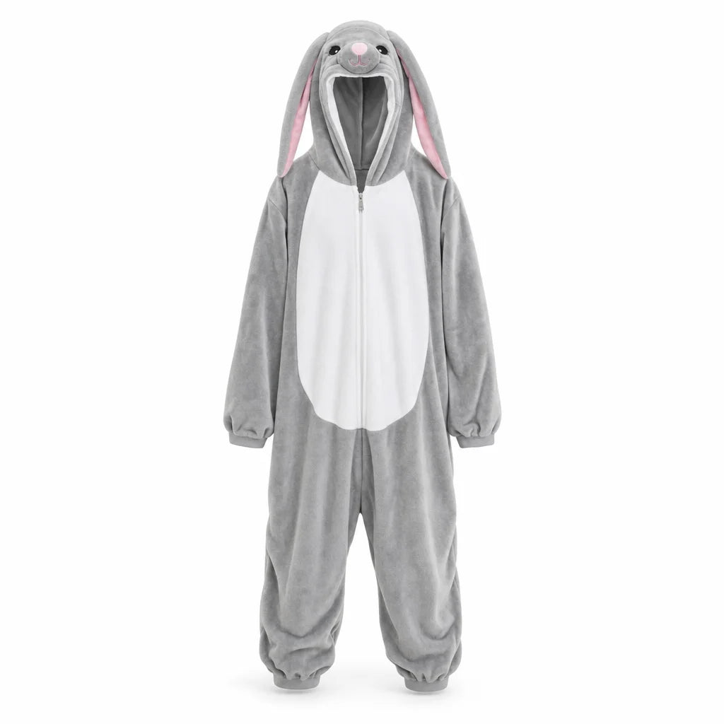 Kigurumi lapin gris en polaire pour enfant avec capuche oreilles tombantes et queue pompon