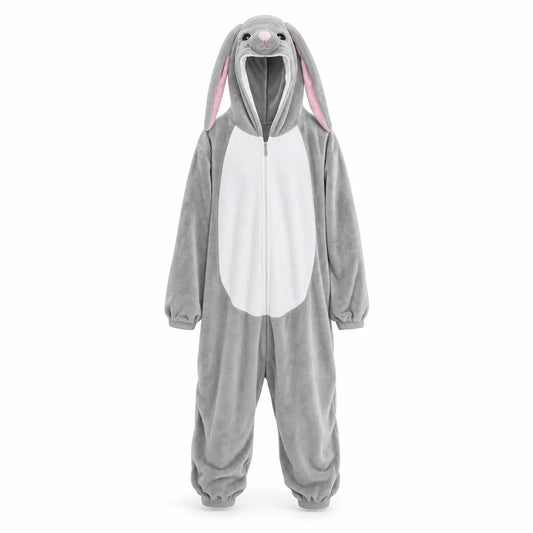 Kigurumi lapin gris en polaire pour enfant avec capuche oreilles tombantes et queue pompon