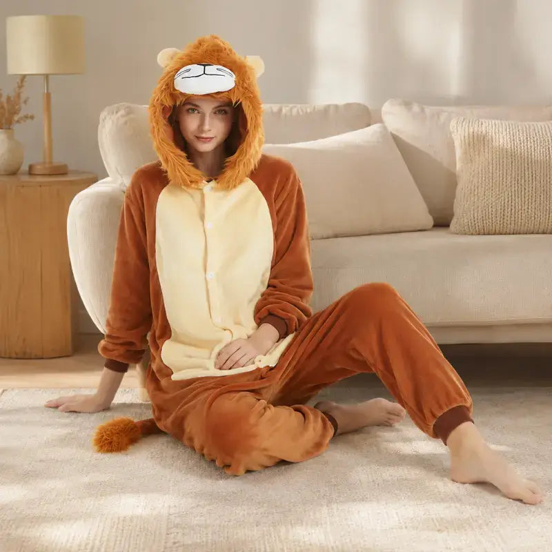 femme assise devant son canapé habillé d'un kigurumi en forme de lion à fourrure sur la capuche