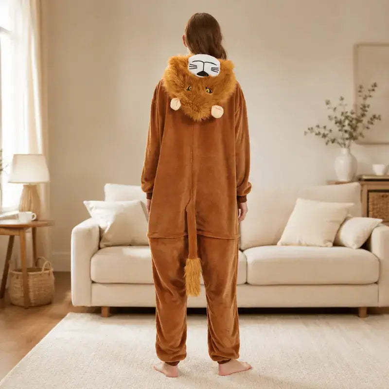 femme qui est de dos dans son salon qui porte un kigurumi en forme de lion 