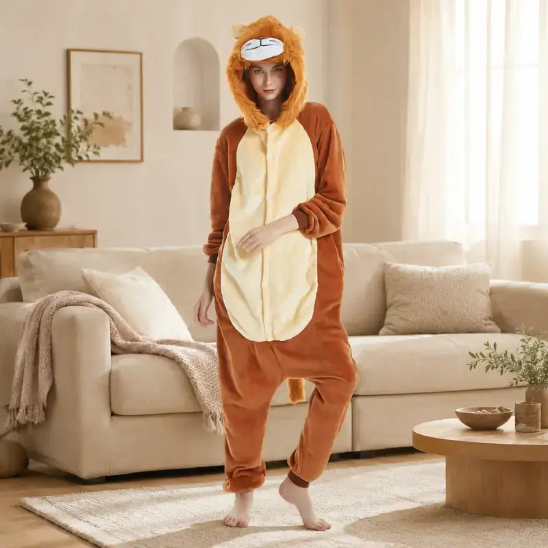 femme qui est dans son salon avec un kigurumi avec une tete de lion sur la capuche