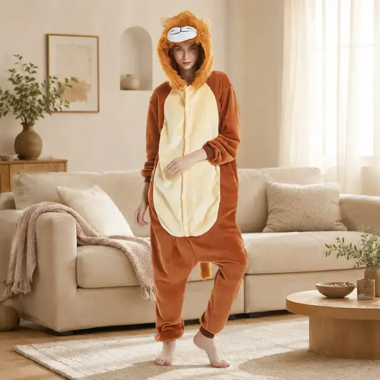 femme qui est dans son salon avec un kigurumi avec une tete de lion sur la capuche