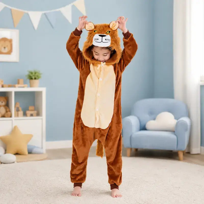enfant debout dans une chambre bleue qui est vêtu d'un kigurumi pour enfant en forme de lion 