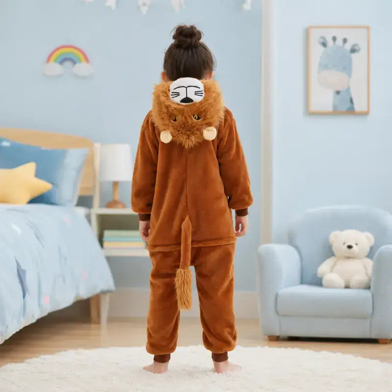enfant debout que l'on voit de dos qui porte un kigurumi lion pour enfant